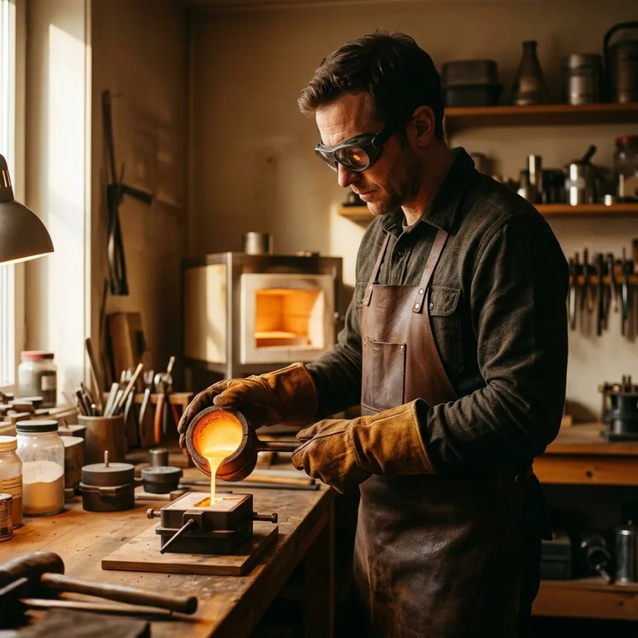 Molten metal poured into a mold in the atelier, the manufacturing craft behind the flex settings