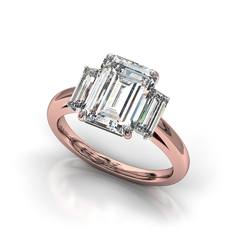 Emerald Cut Diamond And Baguettes Three Stone Engagement Ring